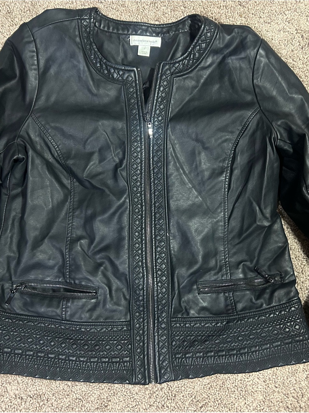 Christopher & Banks Black Faux Leather Zip Jacket with Decorative Trim